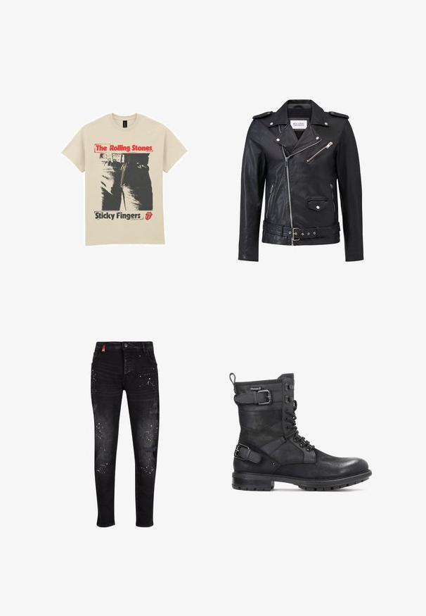 Schwarze Leder-Motorradjacke mit asymmetrischem Reißverschluss, Schulterklappen, Reißverschlusstaschen und einem Gurtbund. Sanfte Textur mit matter Oberfläche.; Beige Baumwoll-T-Shirt mit einem grafischen Design von Jeans und einem Reißverschluss. Der Text lautet "The Rolling Stones" in Rot und "Sticky Fingers" in Schwarz.; Schwarze Jeans aus Denim mit zerstörten Patches, weißen Farbspritzern, Reißverschluss und slim-fit Design.; Kazar HEARD - Cowboy-/Bikerstiefelette - black