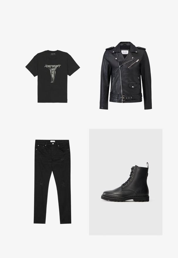 Zwarte leren motorjack met een asymmetrische rits, schouderstukken, ritszakken en een riem in de taille. Gladde textuur met een matte afwerking.; Zwarte katoenen t-shirt met korte mouwen, afgewerkt met een frontale afbeelding van een standbeeld en het woord "REPENT" in vetgrijze letters.; Zwarte slim-fit jeans met subtiele vervaagde patches, metalen knoop, voorkezen en een Pier One-label op de tailleband.; Zwarte leren enkellaars met ronde neus, vetersluiting en metalen oogjes. Beschikt over een gestructureerde zool en een trekstrip aan de hiel voor gemakkelijk aan- en uittrekken.