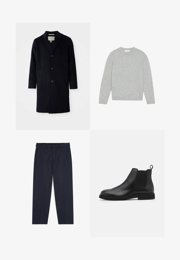Manteau long noir en laine à simple boutonnage, avec col à revers, trois boutons, deux poches avant et manches droites.; Pull en laine gris clair avec un col rond, des manches longues et des poignets et ourlet côtelés. Texture douce avec un design solide et minimal.; Pantalon bleu marine à jambe droite avec passants pour ceinture, poches latérales et fermeture à boutons devant sur fond blanc.; Bottines Chelsea en cuir noir avec panneaux élastiques sur les côtés et une languette. Bout arrondi et semelle en caoutchouc plate, mettant en valeur une finition lisse.