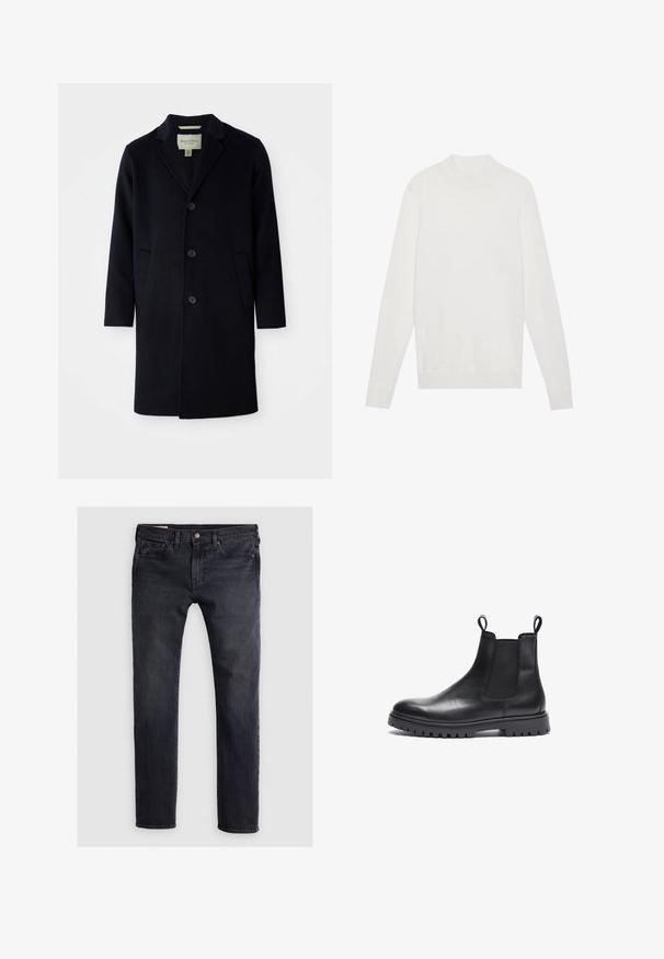 Sort enkelt brystet langt uldfrakke med klapkrave, tre knapper, to forlommer og lige ærmer.; Hvid pullover sweater med høj halsudskæring, lange ærmer og ribbede manchetter og kant. Fremstillet af et blødt strikket stof. Simpelt og tætsiddende design.; Mørkeblå denimjeans med lige ben, der har en frontlukning med knap, fem-lomme design og subtile slidte områder.; Sorte læder Chelsea-støvler med tekstureret finish, elastiske sidepaneler og trækflapper. Har en kraftig gummisål med mønster.