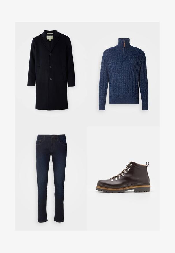 Manteau long noir en laine à simple boutonnage, avec col à revers, trois boutons, deux poches avant et manches droites.; INDICODE JEANS Pullover - navy mix; Jean en denim bleu foncé avec une coupe droite, dotés de poches avant, d'une fermeture éclair et de détails de couture subtils.; Zign by Zalando LEATHER - Bottines à lacets - brown
