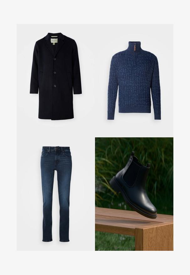 Schwarzer, einreihiger, langer Wollmantel mit Reverskragen, drei Knöpfen, zwei Vordertaschen und geraden Ärmeln.; INDICODE JEANS Strickpullover - navy mix; Dunkelblaue Jeans im Denim-Stil mit geradem Schnitt, fünf Taschen, Vorderknopfverschluss und subtilen Verblassungen an den Oberschenkeln.; Schwarze Leder-Stiefelette mit elastischen Seitenpaneelen, schwebend über einer hölzernen Bank, mit grünem Laub im Hintergrund.