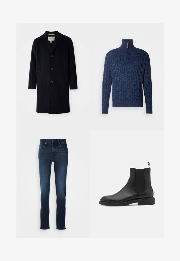 Čierny dlhý vlněný kabát na jedno gombík s klopovým golierom, tromi gombíkmi, dvoma prednými vreckami a rovným rukávom.; INDICODE JEANS Svetrík - navy mix; Tmavomodré džínsy s rovnými nohavicami, päť vrecový štýl, predné zapínanie na gombík a jemné vyblednutie na stehnách.; Čierne kožené členkové topánky s hladkým povrchom, elastickými bočnými panelmi a pútkom. Okrúhla špička a plochá gumová podrážka s minimálnym dezénom.