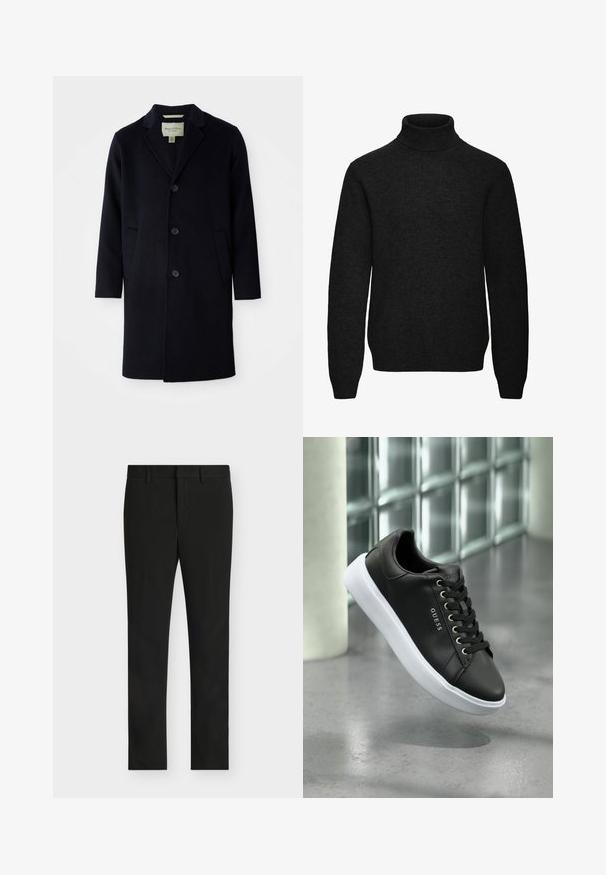 Manteau long noir en laine à simple boutonnage, avec col à revers, trois boutons, deux poches avant et manches droites.; Pull noir à col roulé manches longues avec poignets et ourlet côtelés, en tissu tricoté doux.; Pantalon noir slim fit avec passants de ceinture, fermeture éclair frontale et devant plat, présenté sur un fond gris clair.; Baskets basses noires avec semelle blanche et logo GUESS sur le côté, lacées, présentées sur un fond en verre et béton moderne.