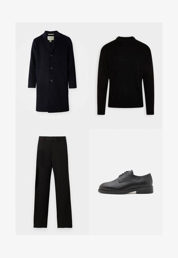 Manteau long noir en laine à simple boutonnage, avec col à revers, trois boutons, deux poches avant et manches droites.; Pull en maille noire avec un col montant côtelé. Manches longues et poignets et ourlet côtelés. Texture lisse avec un design simple et classique.; Pantalon noir droit avec passants de ceinture et poches latérales sur fond blanc uni.; Chaussure oxford en cuir noir avec un bout rond, présentant une finition lisse, un laçage à cinq œillets et un petit talon empilé.