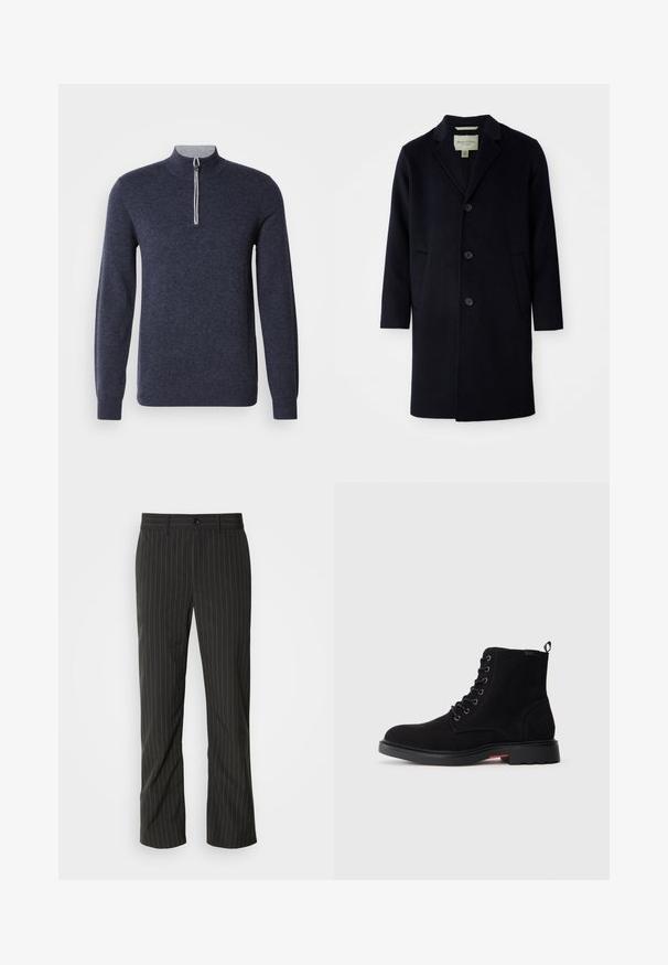 Zwarte enkelgeknoopte lange wollen jas met een notch lapel-kraag, drie knopen, twee voorzakken en rechte mouwen.; Marineblauwe half-zip trui met een grijze kraag. Gemaakt van een gestructureerde stof, met lange mouwen en een nauwsluitend ontwerp.; Zwarte broek met streepjes en een rechte snit. Beschikt over een gladde textuur, een sluiting met knoop aan de voorkant en riemlussen.; Zwarte suede enkellaarzen met een ronde neus, vetersluiting aan de voorkant en een rubberen zool met een gestructureerde afwerking en een rode accent op de hak.