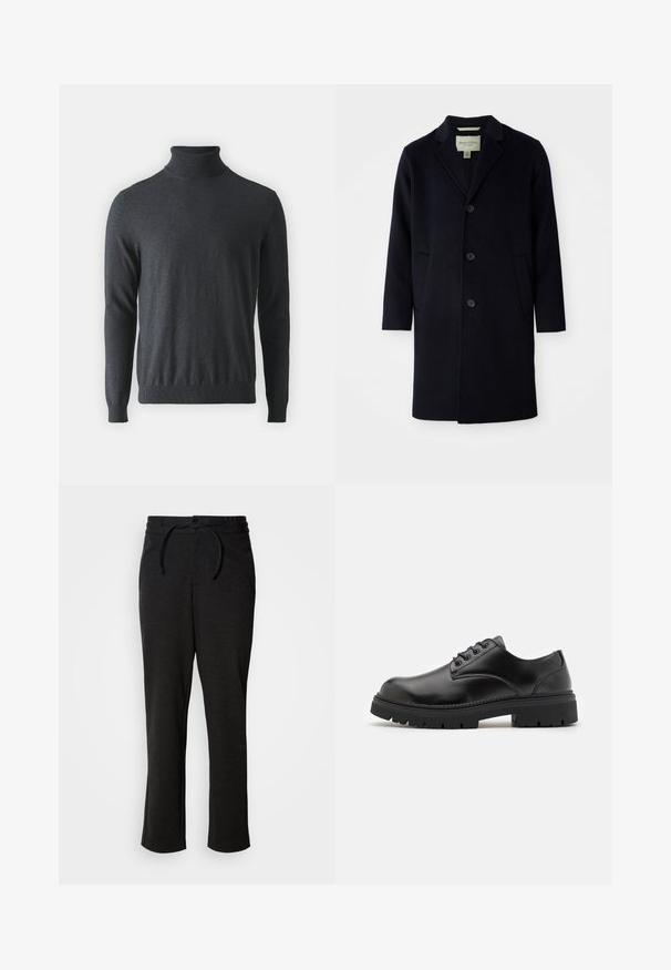 Zwarte enkelgeknoopte lange wollen jas met een notch lapel-kraag, drie knopen, twee voorzakken en rechte mouwen.; Donkergrijze coltrui van zacht, geribbeld breimateriaal. Heeft lange mouwen en een soepel aangesloten taille, met een hoge halsontwerp.; Zwarte gebreide broek met een trekkoord in de taille, rechte pijpen en zijzakken. Zachte textuur met een gladde afwerking.; Zwarte leren schoenen met een ronde neus, vetersluiting en een dikke, gestructureerde rubberen zool. Kenmerken zijn stiksels langs de rand en een gladde afwerking.