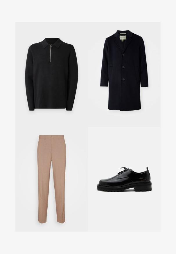 Sort enkelt brystet langt uldfrakke med klapkrave, tre knapper, to forlommer og lige ærmer.; Sort pullover med lange ærmer og lynlås i kraven. Lavet af blødt stof, der har en glat tekstur og et enkelt, minimalistisk design.; Beige skræddersyede bukser i en glat, struktureret stof. Straight fit med en linning og uden synlige pyntedetaljer eller lommer.; Sort poleret læder snørestøvle med tyk gummisål og lav hæl, sideskilt med mærketekst "SAMSOE" og bageste træksnor.