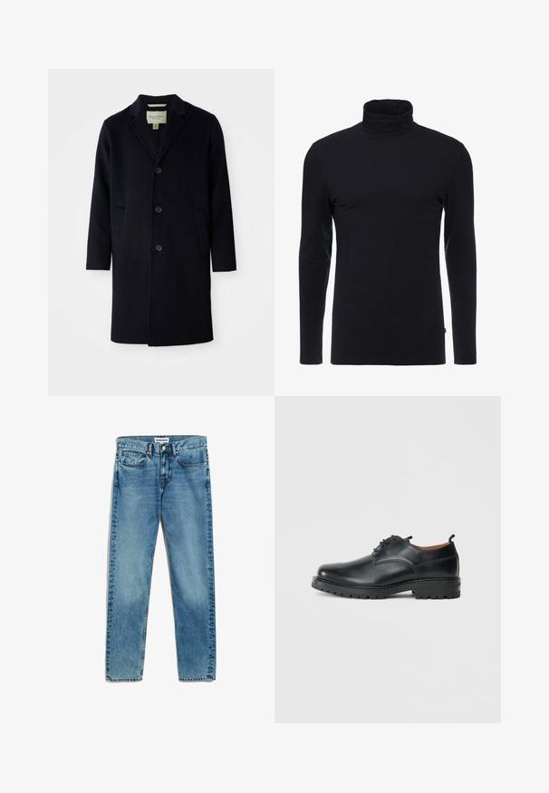 Zwarte enkelgeknoopte lange wollen jas met een notch lapel-kraag, drie knopen, twee voorzakken en rechte mouwen.; Zwarte lange mouw turtleneck shirt gemaakt van zachte, rekbare stof. Heeft een aansluitend ontwerp en een gladde textuur. Geen zichtbare patronen of accenten.; Lichtblauwe spijkerbroek met een rechte snit, voorzien van vijf zakken, een ritsluiting en subtiele vervaging op de stof. Metaal knoopsluiting.; Zwarte leren derby schoenen met een gladde textuur, ronde neus, vetersluiting en een dikke, robuuste rubberen zool.