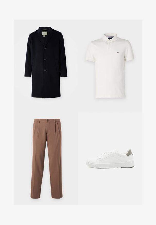 Manteau long noir en laine à simple boutonnage, avec col à revers, trois boutons, deux poches avant et manches droites.; T-shirt polo en coton de couleur écru, avec un col classique, une patte de boutonnage à trois boutons et un petit logo brodé sur la poitrine gauche.; Pantalons plissés marron avec une coupe droite, dotés d'une fermeture à un bouton et d'un tissu lisse et texturé.; Basket blanche en cuir lisse, à bout arrondi, design minimaliste, accent de talon gris et semelle en caoutchouc texturé.