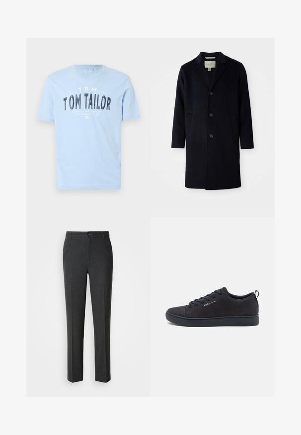 Zwarte enkelgeknoopte lange wollen jas met een notch lapel-kraag, drie knopen, twee voorzakken en rechte mouwen.; Lichtblauwe katoen t-shirt met een ronde halslijn en korte mouwen. Het heeft vetgedrukte zwarte tekst: "TOM TAILOR" en extra merkdetails.; Op maat gemaakte donkergrijze broeken van een zachte stof, met een knoopsluiting, twee voorkruiken en een rechte pijp.; Marineblauwe suede sneaker met een gladde textuur, ronde neus, donkere rubberen zool en bijpassende veters. Met "PS Paul Smith" branding aan de zijkant.