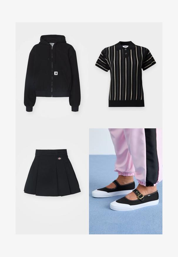Musta tõmblukuhoodie, mis on valmistatud pehmest puuvillast. Sellel on eesmine tasku, nööri kapuuts ja soonikkoes varrukad. Taskul on logokleeps.; Must lühikeste varrukatega polo-särk beežide vertikaalsete triipudega, kaks musta nuppu, sooniline ääris ja krae, millel on silt "OBEY".; Mustmust tekstuuriga must plissee seelik, millel on lame talje ja väike logosilt. Sile kangas ja laienev kuju, mis ulatub keskmise reieni.; Mustad mustad jalanõud valge tallaga, millel on lõikekujundus ja kuldne pannal. Kombineeritud roosade treeningpükstega.