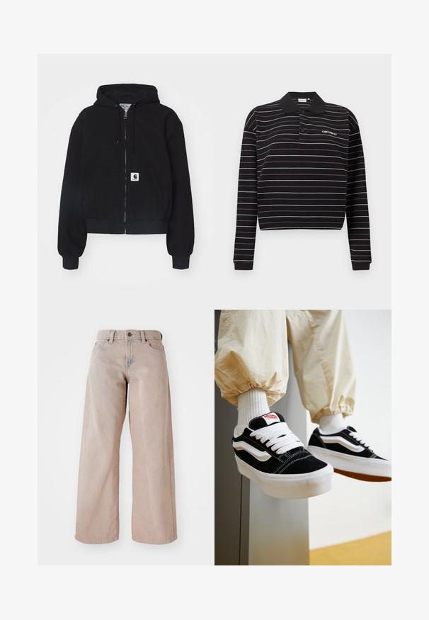 Musta tõmblukuhoodie, mis on valmistatud pehmest puuvillast. Sellel on eesmine tasku, nööri kapuuts ja soonikkoes varrukad. Taskul on logokleeps.; Must pika varrukaga polo särk, millel on õhukesed valged ja lilla horisontaalsed triibud, kaks nuppu ning vasakul rinnal väike valge logo.; Bežid laiendid teksad kõrge taljega, viie tasku ja nööbiga sulgemisega. Kanga tekstuur on pehme ja esiosas on kergelt pleekinud.; Isik, kes kannab mustvalgeid Vansi tossusid valgete paelte, valgete sokkide ja beežide elastsete mansettidega pükstega.