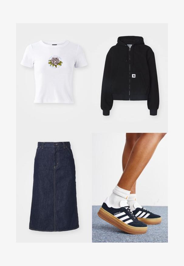 Sort zip-up hættetrøje lavet af blødt bomuld, med en forlommer, snørebånd i hætten og ribbede manchetter. Indeholder et logo-patch på lommen.; Hvid kortærmet t-shirt med tætsiddende design, som har et centreret broderet rosen grafisk motiv og cirkulær tekst omkring blomsten.; Mørk denimnederdel med høj talje, lige skæring, forlommer og stikninger. Har lynlås og knaplukning i taljen.; Ben iført hvide sokker og sorte Adidas Gazelle sneakers med hvide striber og tykke brune såler på et gråt tæppe.