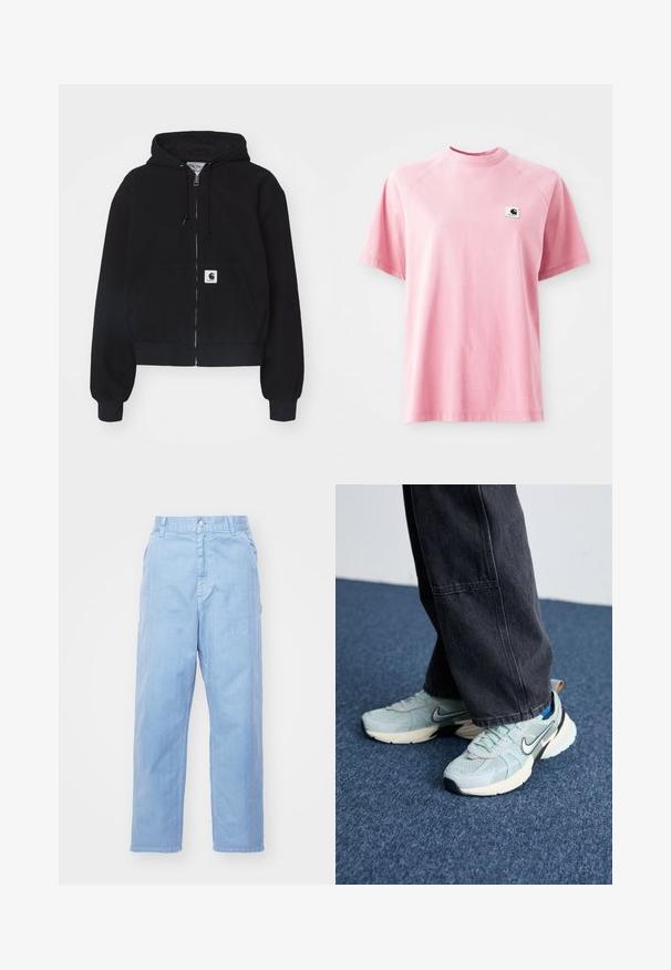 Sort zip-up hættetrøje lavet af blødt bomuld, med en forlommer, snørebånd i hætten og ribbede manchetter. Indeholder et logo-patch på lommen.; Pink bomulds t-shirt med rund hals og korte ærmer. Har en lille firkantet logo-patch på venstre brystområde. Glat tekstur.; Lyseblå denimbukser med lige ben-design, knaplukning og forlommer. Stof har en subtil tekstur med en glat finish.; Lyseblå mesh Nike sneakers med struktureret finish, sort swoosh og cremefarvet mellemsål, parret med mørkegrå vide bukser.