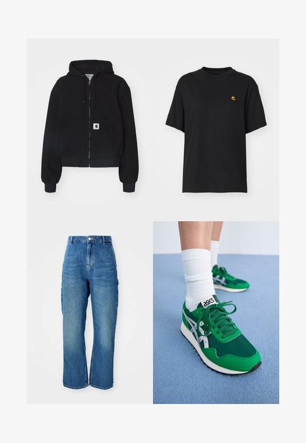 Sudadera con cremallera negra hecha de algodón suave, con un bolsillo frontal, capucha con cordón y puños acanalados. Incluye un parche con el logo en el bolsillo.; Camiseta de algodón negra con un corte relajado. Presenta un cuello redondo y mangas cortas. Incluye un pequeño logotipo bordado en dorado en el pecho.; Jeans de mezclilla azul de cintura alta y pierna recta con botón frontal, cierre de cremallera y bolsillos tipo cargo laterales sobre un fondo blanco.; Zapatillas de malla verde y sintéticas con acentos blancos y suela de goma negra. Incluyen cordones, collar acolchado y logo de ASICS en la lengüeta.
