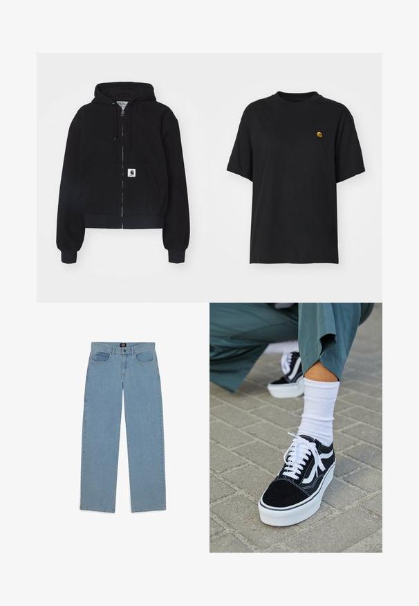 Musta tõmblukuhoodie, mis on valmistatud pehmest puuvillast. Sellel on eesmine tasku, nööri kapuuts ja soonikkoes varrukad. Taskul on logokleeps.; Must must särk lõdva lõikega. Omab ümmargust kaelust ja lühikesi varrukaid. Rinnal on väike kuldne tikandiga logo.; Heledad sinine teksapüksid, lai lõige, denim kangas, viie taskuga disain, nupuga kinnitamine, sirged sääred, nähtavad õmblused, ilma mustrite või aktsentideta.; Mustjad sametist tennisjalanõud valgete aktsentide ja nööridega, millel on paks valge tald ja kontrastsed õmblused, koos valge sokiga.