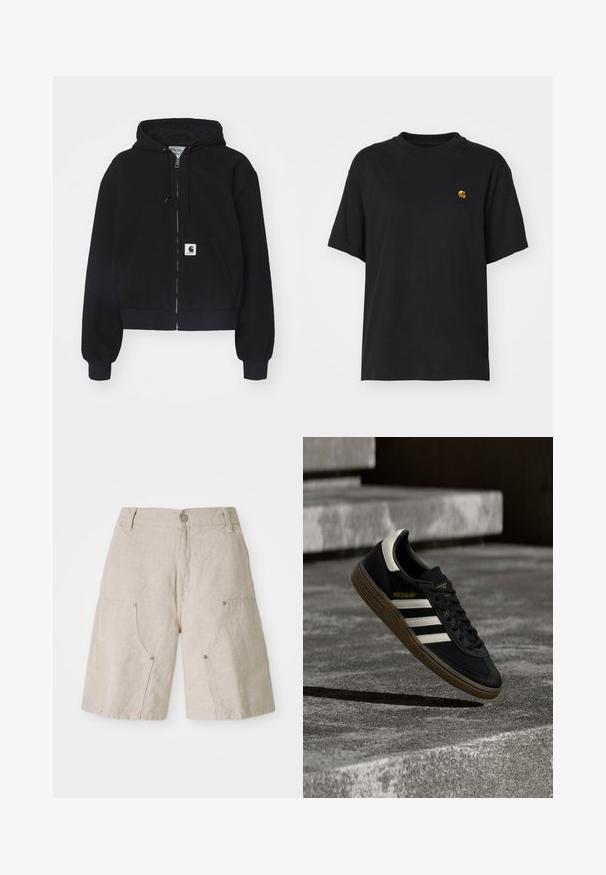 Sort zip-up hættetrøje lavet af blødt bomuld, med en forlommer, snørebånd i hætten og ribbede manchetter. Indeholder et logo-patch på lommen.; Sort bomulds T-shirt med en afslappet pasform. Har en rund halsudskæring og korte ærmer. Inkluderer et lille guld broderet logo på brystet.; Beige linnedshorts med en afslappet pasform, der har to forlommer og cirkulære metaldetaljer. Afslappet design med en tekstureret overflade.; Sort Adidas-sneaker med hvide striber og gummisåler, svævende over grå betontrapper i naturligt lys.