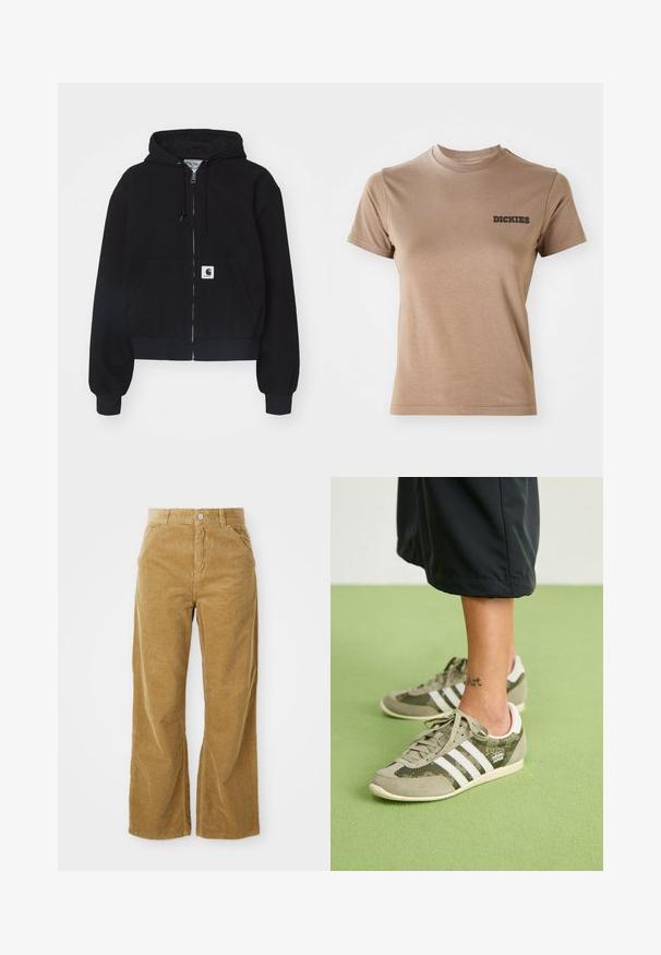 Sort zip-up hættetrøje lavet af blødt bomuld, med en forlommer, snørebånd i hætten og ribbede manchetter. Indeholder et logo-patch på lommen.; Brun bomulds t-shirt med korte ærmer og rund hals. Har et sort "DICKIES" logo på venstre brystområde. Glat tekstur.; Bredde corduroybukser i lys brun med et struktureret ribbet mønster, fem lommer og en knaplukning i taljen.; Grønne og grå sneakers med tre hvide striber, materialer af ruskind og mesh, lavt design og et logo-tag. Standard gummisål.