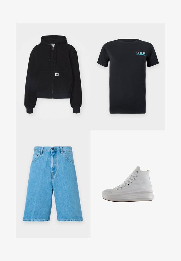 Schwarze Zip-Hoodie aus weichem Baumwollmaterial, mit einer vorderen Tasche, Kordelzugkapuze und gerippten Bündchen. Enthält ein Logopatch auf der Tasche.; Schwarzes Baumwoll-T-Shirt mit kurzen Ärmeln, das ein farbenfrohes Logo-Design mit pinken, blauen und grünen Elementen auf der linken Brustseite zeigt.; Hellblaue Jeansshorts mit lockerer Passform, ausgestattet mit Gürtelschlaufen, einem Knopfverschluss und vorderen Taschen. Der Stoff hat eine glatte Textur.; Weißer High-Top-Canvas-Sneaker mit weißen Schnürsenkeln, metallischen Ösen, dicker Gummisohle und strukturierter Zehenkappe, nach links auf weißem Hintergrund ausgerichtet.