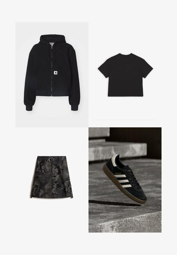 Sort zip-up hættetrøje lavet af blødt bomuld, med en forlommer, snørebånd i hætten og ribbede manchetter. Indeholder et logo-patch på lommen.; Sort kortærmet T-shirt, klassisk crew neck, lavet af blødt bomuldsstof, ensfarvet design uden mønstre eller accenter.; Kamuflage nederdel i mørkegrå og sort, med en frontlynlås, bælte med sølvspænde og to cargo-lommer med ringe.; Sort Adidas-sneaker med hvide striber og gummisåler, svævende over grå betontrapper i naturligt lys.