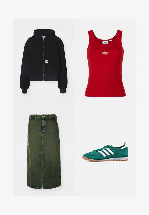 Sort zip-up hættetrøje lavet af blødt bomuld, med en forlommer, snørebånd i hætten og ribbede manchetter. Indeholder et logo-patch på lommen.; Rød ribbet tanktop med rund udskæring og brede stropper, med et broderet "OBEY" logo i hvidt på forsiden i midten.; Grøn denimnederdel med mellemlangt snit, frontslids, knaplukning og bæltestropper. Dens struktur er let falmet, med sidelommer.; Grøn ruskinds sneakers med hvide striber, rund tå, gummisål og teksturerede detaljer. Har en polstret krave og snørebånd foran.