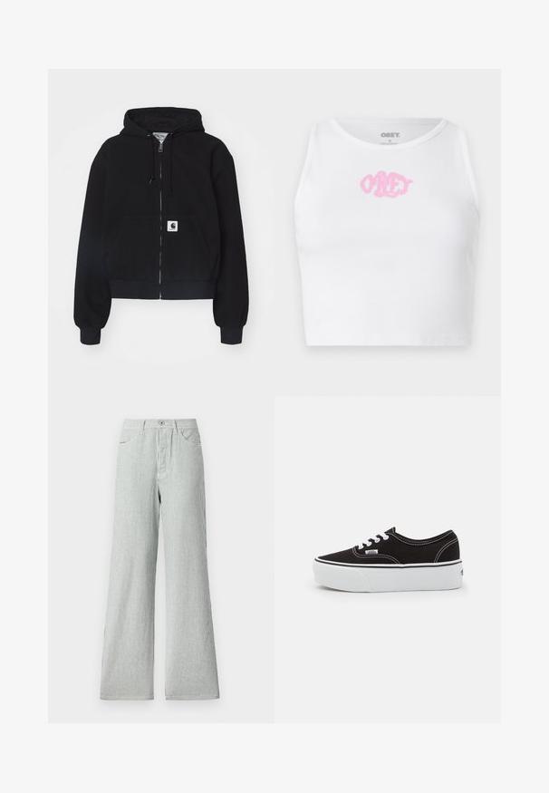 Sort zip-up hættetrøje lavet af blødt bomuld, med en forlommer, snørebånd i hætten og ribbede manchetter. Indeholder et logo-patch på lommen.; Hvid ribbet crop top med et pink "OBEY" logo i midten. Designet med en rund halsudskæring og uden ærmer.; Stribede bukser med vidde lavet af letvægtsstof, prydet med lodrette blå og hvide striber, højt liv og frontlommer.; Sort lærred sneakers med en hvid gummi platform sål, der har hvide snørebånd og syninger, ikonisk branding på siden, lav-top design.