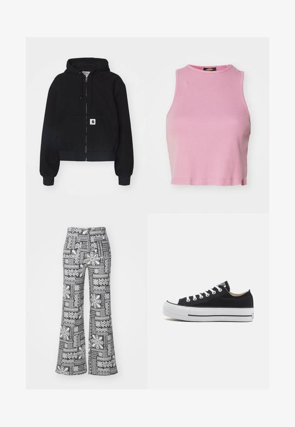 Haut à zip noir en coton doux, doté d'une poche frontale, d'une capuche avec cordon et de poignets côtelés. Comprend un patch logo sur la poche.; Crop top rose à côtes avec un col rond et un design sans manches. Se termine juste au-dessus de la taille.; Pantalons évasés noir et blanc avec un motif floral géométrique. Fabriqués dans un tissu léger avec une texture douce.; Baskets basses en toile noire avec un bout en caoutchouc blanc, des lacets et une semelle. Présentent une semelle texturée et une bande d'accent noire. Design classique.