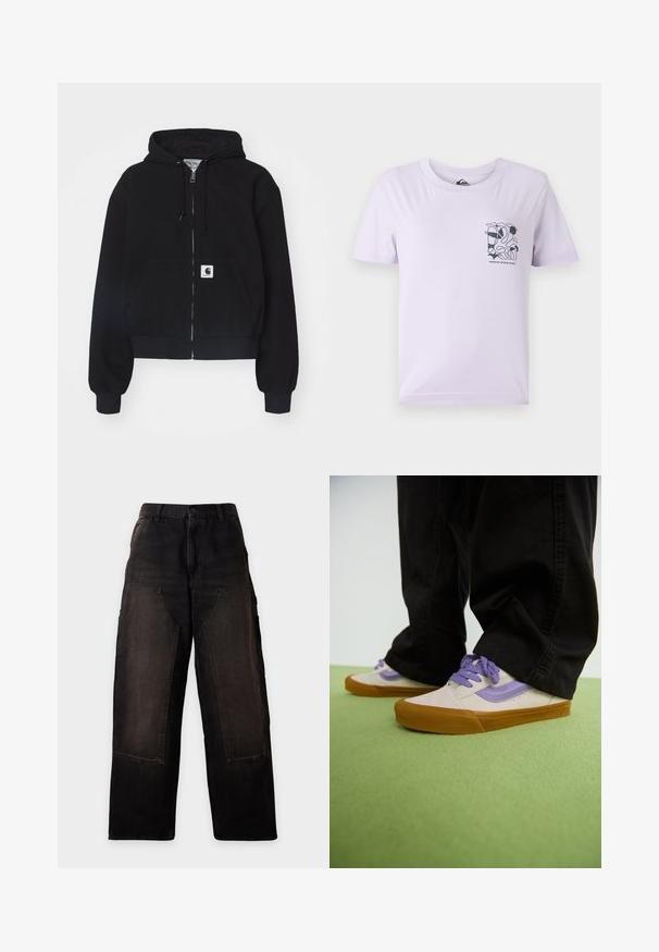 Sudadera con cremallera negra hecha de algodón suave, con un bolsillo frontal, capucha con cordón y puños acanalados. Incluye un parche con el logo en el bolsillo.; Camiseta de manga corta de color púrpura claro, hecha de algodón, con un diseño abstracto negro y texto en la parte izquierda del pecho.; Pantalones negros de pierna ancha con grandes bolsillos delanteros de parche y trabillas para cinturón, mostrados sobre un fondo claro y liso.; Zapatillas beige claro con acentos morados, suela de goma y cordones planos. Combinadas con pantalones negros, exhibidas sobre una superficie texturada verde.