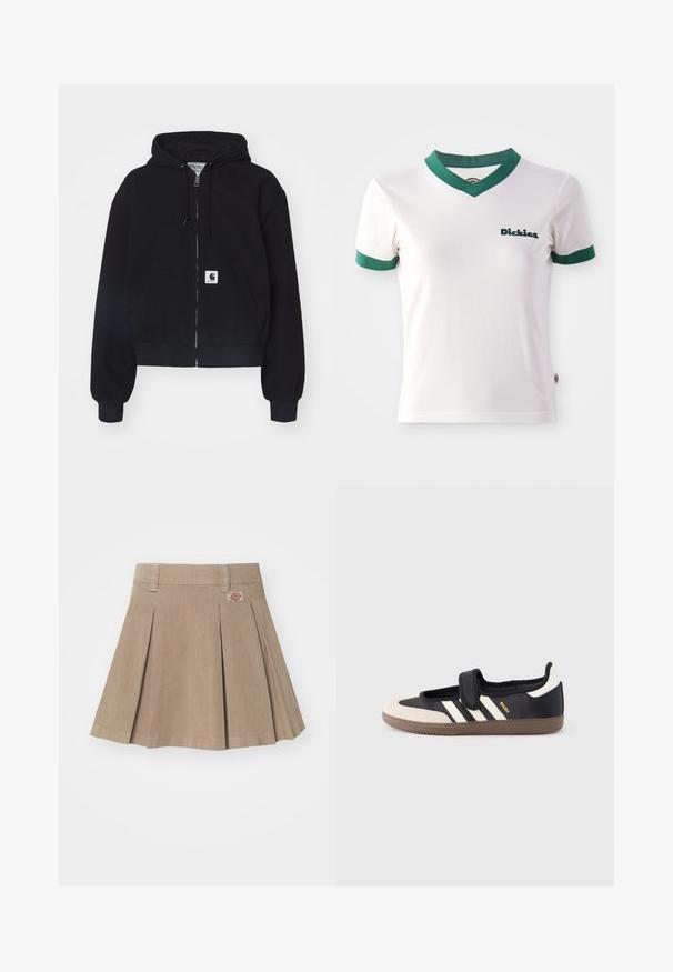 Musta tõmblukuhoodie, mis on valmistatud pehmest puuvillast. Sellel on eesmine tasku, nööri kapuuts ja soonikkoes varrukad. Taskul on logokleeps.; Valge lühikeste varrukatega T-särk rohelise V-kaeluse ja varrukate äärapitsidega; vasakul rinnal tumeroheline "Dickies" logo. Siledast puuvillasest materjalist.; Beez värvi volditud seelik, mis on valmistatud tekstureeritud kangast. Omab vöökohta koos vööaasadega ja logotaskut vasakul ees.; Must ja beež vabaajajalats klõpsrihmaga, küljele on kolm valget triipu ning pruun tekstuuriga kummist tald. Brändi logo on nähtav.