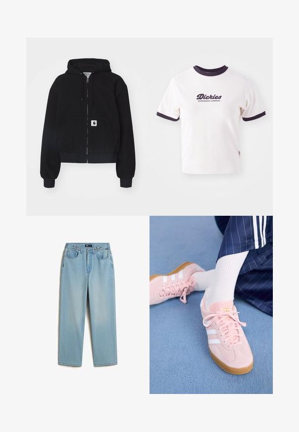 Sort zip-up hættetrøje lavet af blødt bomuld, med en forlommer, snørebånd i hætten og ribbede manchetter. Indeholder et logo-patch på lommen.; Hvid T-shirt med mørkeblå ribbet krave og ærmer. Har en stor grafisk tekstlogo i mørkeblå, "Dickies WORKWEAR COMPANY."; Vans CINCHED CHECK - Baggy jeans - light stonewash; Lyserøde ruskinds sneakers med hvide striber og snørebånd, udstyret med en struktureret tunge og en gummisål, placeret på et blåt tæppe.