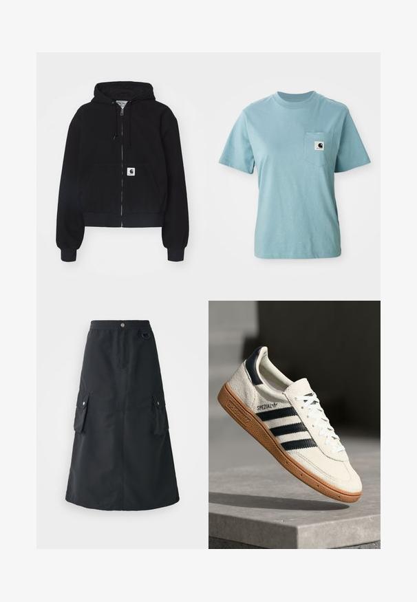 Musta tõmblukuhoodie, mis on valmistatud pehmest puuvillast. Sellel on eesmine tasku, nööri kapuuts ja soonikkoes varrukad. Taskul on logokleeps.; Heledsinine lühikeste käistega puuvillane T-särk rinnahoidjaga, millel on väike must-valge Carhartti logo plaat.; Must mustriba mustete, mis on valmistatud kerged kangast, koos elastse vööde, kahe cargo tasku ja õrn sära.; Valge suede toss, millel on tumesinised triibud, kummist alus, tekstureeritud pealis, ümar varvas ja paelad; külgedel ja keelel on brändingu elemendid.
