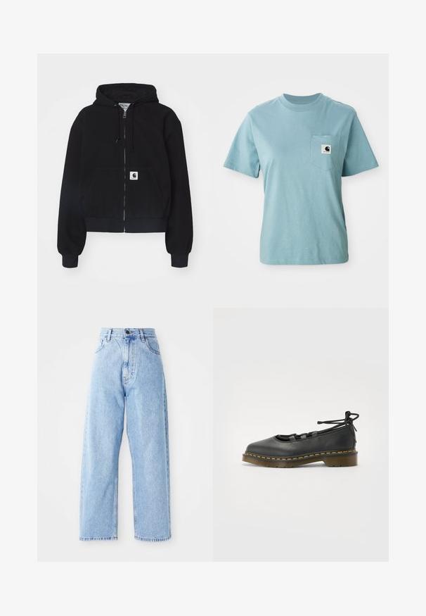 Sudadera con cremallera negra hecha de algodón suave, con un bolsillo frontal, capucha con cordón y puños acanalados. Incluye un parche con el logo en el bolsillo.; Camiseta de algodón de manga corta color azul claro con bolsillo en el pecho que presenta un pequeño parche del logotipo en blanco y negro de Carhartt.; Jeans de mezclilla de tiro alto en color azul claro, con piernas rectas y anchas, cierre frontal con botón y cremallera, y bolsillos delanteros y traseros.; Zapato de cuero negro con punta redondeada, tacón bajo, detalles de cordones y costuras amarillas a lo largo de la suela. Textura suave con un acabado mate.