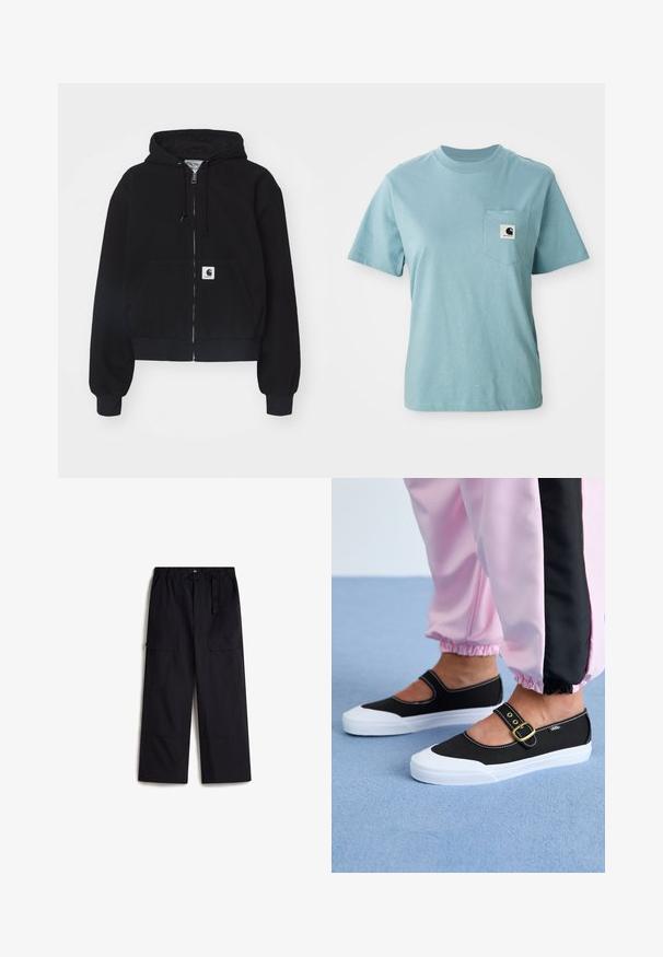 Sudadera con cremallera negra hecha de algodón suave, con un bolsillo frontal, capucha con cordón y puños acanalados. Incluye un parche con el logo en el bolsillo.; Camiseta de algodón de manga corta color azul claro con bolsillo en el pecho que presenta un pequeño parche del logotipo en blanco y negro de Carhartt.; Pantalones cargo negros con una cintura elástica, cinturón ajustable y dos bolsillos laterales. Hechos de una tela ligera y texturizada.; Zapatillas de lona negras con suela blanca, con un diseño recortado y una correa con hebilla dorada. Combinadas con pantalones de chándal rosas.