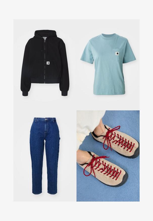 Sort zip-up hættetrøje lavet af blødt bomuld, med en forlommer, snørebånd i hætten og ribbede manchetter. Indeholder et logo-patch på lommen.; Lyseblå kortærmet bomulds T-shirt med brystlomme og et lille sort-hvidt Carhartt logo patch.; Mørkeblå denim jeans med høj talje, lige ben, frontknaplukning og sidelommer. Glat tekstur med en let stræk.; Beige sko med røde snørebånd, placeret på en blå tekstureret overflade, delvist synliggørende en persons ankel. Skoene har et sporty design.
