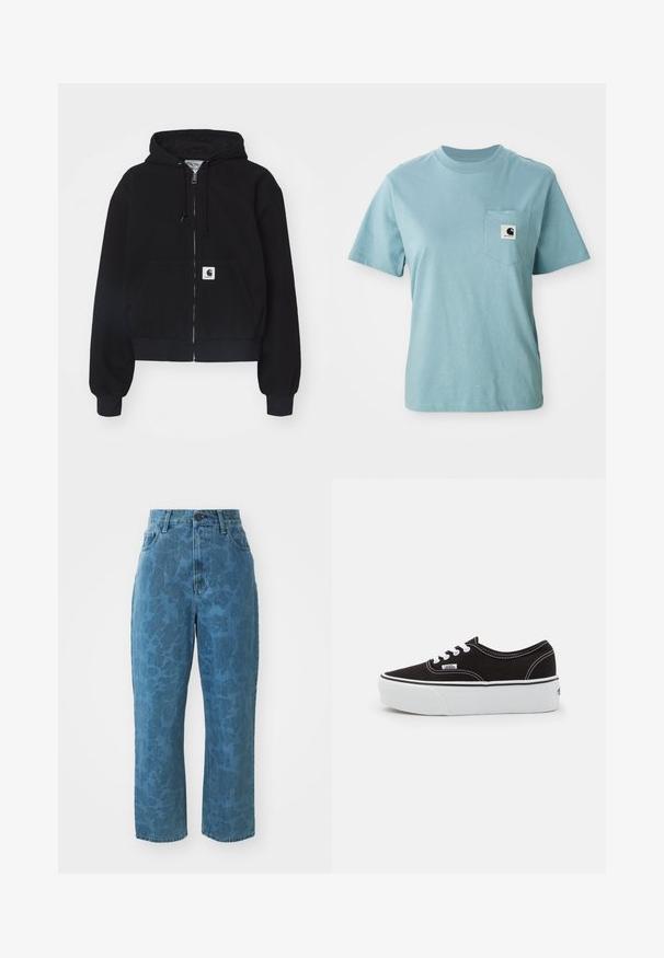 Sort zip-up hættetrøje lavet af blødt bomuld, med en forlommer, snørebånd i hætten og ribbede manchetter. Indeholder et logo-patch på lommen.; Lyseblå kortærmet bomulds T-shirt med brystlomme og et lille sort-hvidt Carhartt logo patch.; Lyseblå denim jeans med en subtil mønstret struktur, høj talje og lige ben. Har en frontlukning med knap og lynlås.; Sort lærred sneakers med en hvid gummi platform sål, der har hvide snørebånd og syninger, ikonisk branding på siden, lav-top design.