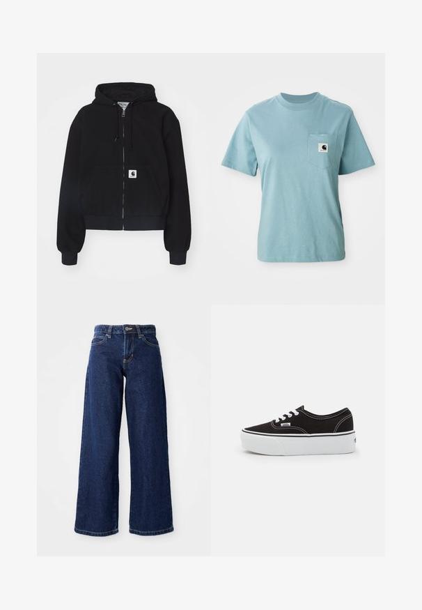 Sort zip-up hættetrøje lavet af blødt bomuld, med en forlommer, snørebånd i hætten og ribbede manchetter. Indeholder et logo-patch på lommen.; Lyseblå kortærmet bomulds T-shirt med brystlomme og et lille sort-hvidt Carhartt logo patch.; Mørkeblå vide jeans lavet af denim, med knap- og lynlåslukning, bæltesløjfer og klassisk fem-lomme design.; Sort lærred sneakers med en hvid gummi platform sål, der har hvide snørebånd og syninger, ikonisk branding på siden, lav-top design.