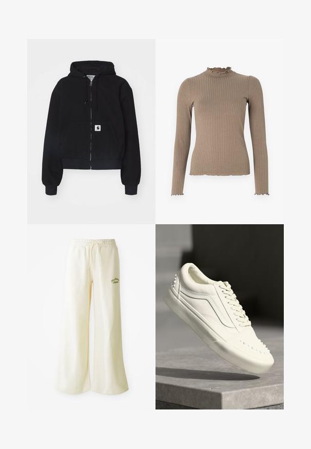 Musta tõmblukuhoodie, mis on valmistatud pehmest puuvillast. Sellel on eesmine tasku, nööri kapuuts ja soonikkoes varrukad. Taskul on logokleeps.; Pikkade varrukatega, soonikkoes tuhksinine kampsun kõrge kaeluse ja volditud servadega krael, mansettidel ja äärel.; Kreem värvi laiad dressipüksid, millel on elastne vöökoht ja reguleeritav nöör. Esiküljel on broderitud roheline "Athletic" tekst. Pehme kangas.; Valged tossud tekstureeritud viimistlusega, millel on polsterdatud põhi, nööridega disain ja väikesed dekoratiivsed nupukesed külgedel, kus sole asub.