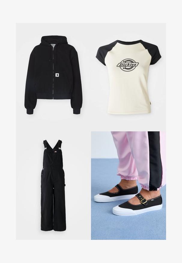 Zwarte ritssluiting hoodie van zachte katoen, met een voorzak, een trekkoordcapuchon en ribgebreide manchetten. Inclusief een logo patch op de zak.; Crème t-shirt met zwarte raglan mouwen, met een circulair logo in het midden waarop de tekst "Dickies" staat, tegen een witte achtergrond.; Zwarte denim dungarees met brede pijpen, verstelbare schouderbanden, een voorktas en zilveren hardware-accenten. Glad van textuur, minimaal ontwerp.; Zwarte canvas schoenen met een witte zool, met een uitgesneden ontwerp en een gouden gespband. Draagt met roze joggingsbroek.