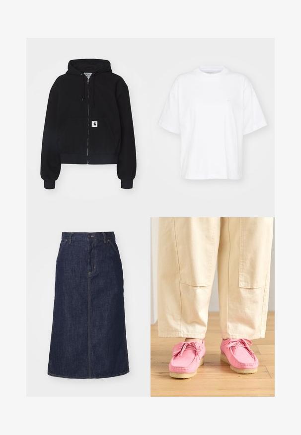 Sort zip-up hættetrøje lavet af blødt bomuld, med en forlommer, snørebånd i hætten og ribbede manchetter. Indeholder et logo-patch på lommen.; Hvid bomulds t-shirt med rund hals, korte ærmer og en afslappet pasform. Har et diskret logo på venstre brystområde. Glat tekstur.; Mørk denimnederdel med høj talje, lige skæring, forlommer og stikninger. Har lynlås og knaplukning i taljen.; Lyserøde ruskinds mokkasiner med snørebånd, med en struktureret overflade og en lys beige gummisål, parret med beige bukser.