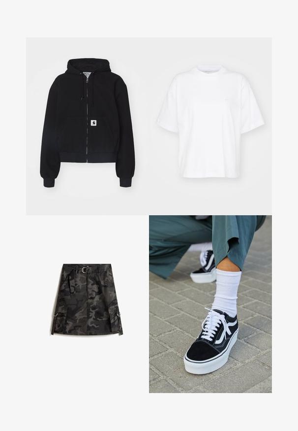Sort zip-up hættetrøje lavet af blødt bomuld, med en forlommer, snørebånd i hætten og ribbede manchetter. Indeholder et logo-patch på lommen.; Hvid bomulds t-shirt med rund hals, korte ærmer og en afslappet pasform. Har et diskret logo på venstre brystområde. Glat tekstur.; Kamuflage nederdel i mørkegrå og sort, med en frontlynlås, bælte med sølvspænde og to cargo-lommer med ringe.; Sorte ruskinds sneakers med hvide accenter og snørebånd, der har en tyk hvid sål og kontrasterende syninger, parret med en hvid sok.