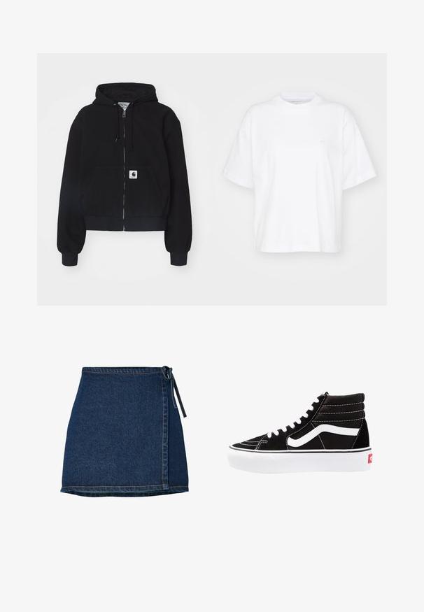 Haut à zip noir en coton doux, doté d'une poche frontale, d'une capuche avec cordon et de poignets côtelés. Comprend un patch logo sur la poche.; T-shirt en coton blanc avec un col rond, des manches courtes et une coupe décontractée. Présente un logo discret sur la zone gauche de la poitrine. Texture lisse.; Jupe en denim avec un design enroulé, de couleur bleu foncé, et une taille nouée. Présente des détails de couture le long de l'ourlet et de la couture latérale.; Baskets montantes noires avec des lacets blancs, un logo blanc et des coutures blanches contrastées. Dotées d'une épaisse semelle blanche et d'un dessus en daim texturé.