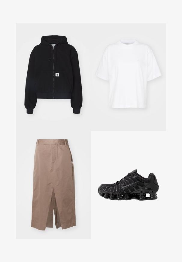 Sudadera con cremallera negra hecha de algodón suave, con un bolsillo frontal, capucha con cordón y puños acanalados. Incluye un parche con el logo en el bolsillo.; Camiseta de algodón blanca con cuello redondo, mangas cortas y un corte relajado. Presenta un logo sutil en el área del pecho izquierdo. Textura suave.; Falda de algodón marrón con un diseño recto, que presenta una abertura frontal, bolsillos laterales y una cintura estándar. Textura suave y costuras ajustadas.; Zapatilla deportiva negra con parte superior de malla y detalles brillantes. Presenta amortiguación de bobina curvada y líneas texturizadas en el lateral. Logotipo de Nike visible.
