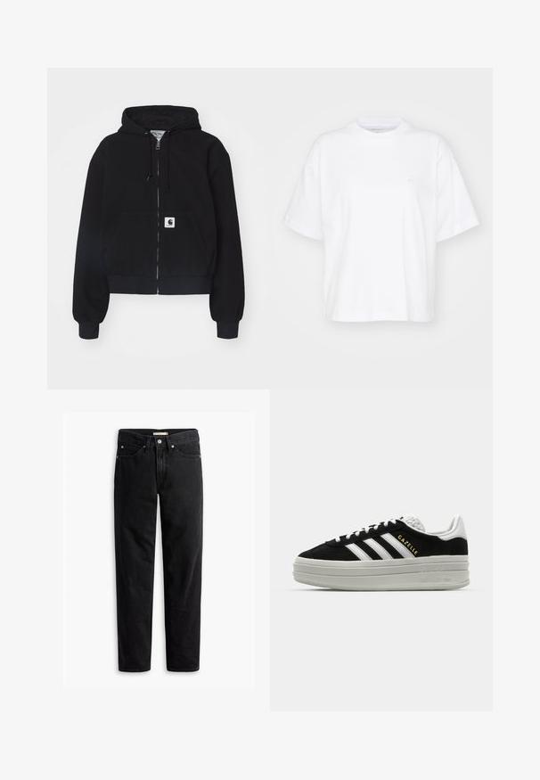 Schwarze Zip-Hoodie aus weichem Baumwollmaterial, mit einer vorderen Tasche, Kordelzugkapuze und gerippten Bündchen. Enthält ein Logopatch auf der Tasche.; Weißes Baumwoll-T-Shirt mit Rundhalsausschnitt, kurzen Ärmeln und lockerer Passform. Verfügt über ein dezentes Logo auf der linken Brustseite. Glatte Textur.; Schwarze gerade Jeans mit Knopf- und Reißverschluss, Gürtelschlaufen sowie Vorder- und Gesäßtaschen, auf weißem Hintergrund flach präsentiert.; Schwarze Wildleder-Sneaker mit weißen Lederakzenten, drei weißen Streifen, flachen Schnürsenkeln und einer dicken grauen Plateausohle. Goldenes "Gazelle"-Branding.