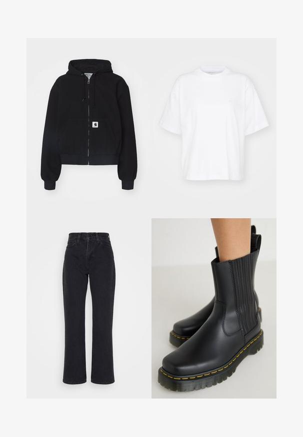 Sudadera con cremallera negra hecha de algodón suave, con un bolsillo frontal, capucha con cordón y puños acanalados. Incluye un parche con el logo en el bolsillo.; Camiseta de algodón blanca con cuello redondo, mangas cortas y un corte relajado. Presenta un logo sutil en el área del pecho izquierdo. Textura suave.; Vaqueros negros de talle alto y pernera recta con bolsillos delanteros y trabillas para cinturón sobre fondo blanco.; Botas negras hasta el tobillo con un acabado mate y suave. Presentan costuras verticales, una suela gruesa con costuras amarillas y una lengüeta en la parte posterior.