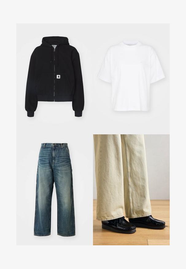 Sort zip-up hættetrøje lavet af blødt bomuld, med en forlommer, snørebånd i hætten og ribbede manchetter. Indeholder et logo-patch på lommen.; Hvid bomulds t-shirt med rund hals, korte ærmer og en afslappet pasform. Har et diskret logo på venstre brystområde. Glat tekstur.; Bredde ben denim jeans i en falmet blå vask. Har en knaplukning, fem lommer og synlige sømme. Materialet har en glat tekstur.; Sorte patenterede lædersko med en tekstureret platformssål, der har snørebåndsdesign og sy detaljer. Båret med lysebeige brede bukser.