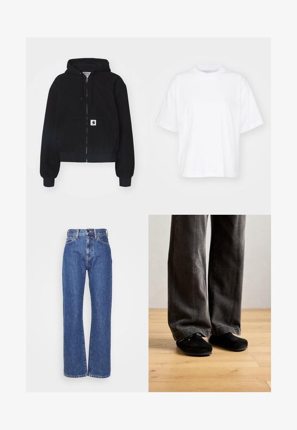 Sudadera con cremallera negra hecha de algodón suave, con un bolsillo frontal, capucha con cordón y puños acanalados. Incluye un parche con el logo en el bolsillo.; Camiseta de algodón blanca con cuello redondo, mangas cortas y un corte relajado. Presenta un logo sutil en el área del pecho izquierdo. Textura suave.; Jeans de mezclilla azul con corte de pierna ancha, cintura alta, costuras en contraste y diseño clásico de cinco bolsillos. Tejido texturizado con un acabado suave.; Persona vestida con pantalones sueltos de color gris oscuro y zapatos negros sin cordones, de pie sobre un suelo de madera clara contra una pared lisa.