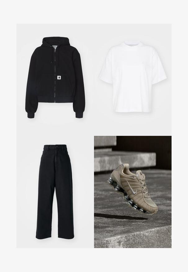 Zwarte ritssluiting hoodie van zachte katoen, met een voorzak, een trekkoordcapuchon en ribgebreide manchetten. Inclusief een logo patch op de zak.; Witte katoenen t-shirt met een ronde hals, korte mouwen en een ontspannen pasvorm. Heeft een subtiel logo op het linkerborstgedeelte. Zachte textuur.; Zwarte high-waisted wide-leg jeans met voorzakken en knoopsluiting, weergegeven tegen een witte achtergrond.; Beige Nike hardloopschoen met zilveren accenten en veerachtige zool zwevend boven betonnen trappen bij gedimd licht.