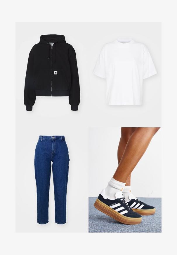 Sort zip-up hættetrøje lavet af blødt bomuld, med en forlommer, snørebånd i hætten og ribbede manchetter. Indeholder et logo-patch på lommen.; Hvid bomulds t-shirt med rund hals, korte ærmer og en afslappet pasform. Har et diskret logo på venstre brystområde. Glat tekstur.; Mørkeblå denim jeans med høj talje, lige ben, frontknaplukning og sidelommer. Glat tekstur med en let stræk.; Ben iført hvide sokker og sorte Adidas Gazelle sneakers med hvide striber og tykke brune såler på et gråt tæppe.