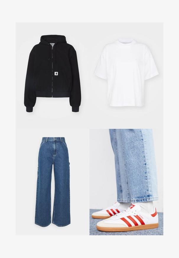 Sort zip-up hættetrøje lavet af blødt bomuld, med en forlommer, snørebånd i hætten og ribbede manchetter. Indeholder et logo-patch på lommen.; Hvid bomulds t-shirt med rund hals, korte ærmer og en afslappet pasform. Har et diskret logo på venstre brystområde. Glat tekstur.; Bredde ben blå denimbukser med høj talje, kontrastsyede sømme og sidelommer, med et klassisk fem-lomme design og rå kanter.; Hvide lædersneakers med røde striber og accenter. Har en tekstureret gummisål og polstret krave. Bæres med lyseblå denim.